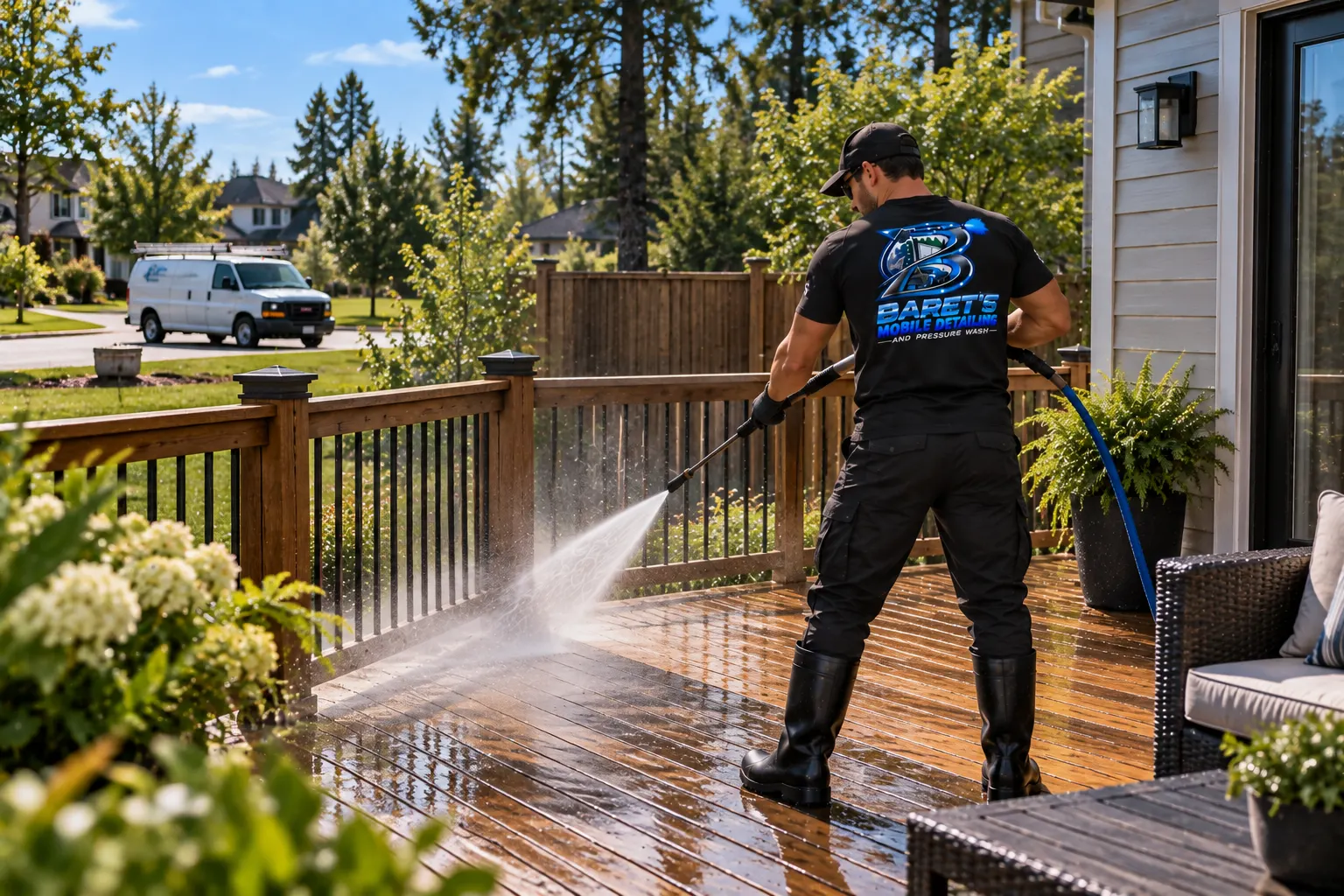 Deck pressure washing in a Toronto backyard