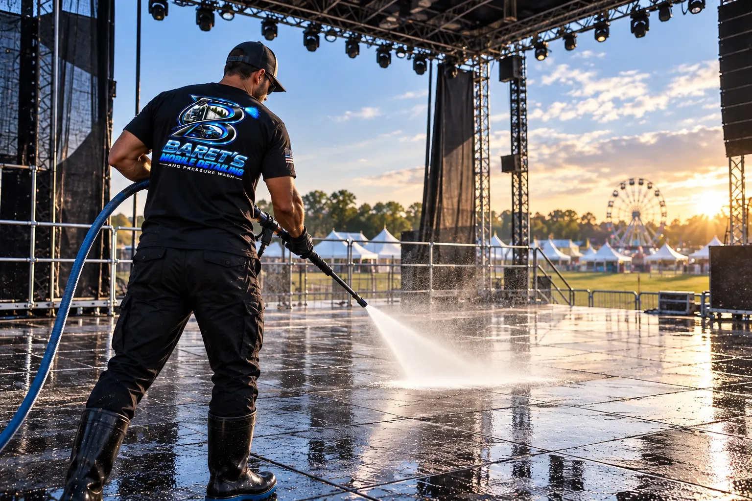 Festival stage deck pressure washing